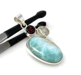 Natural Larimar with Garnet and Yellow Rutile Gemstone Pendant, Sterling Silver Jewelry, Larimar Pendant, Bohemian Jewelry