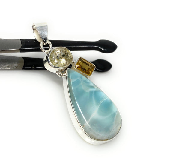 Gemstone Pendant - Larimar, Citrine and Rutilated Quartz, Bohemian Jewelry, Larimar Pendant, Sterling Silver Jewelry