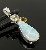 Gemstone Pendant - Larimar, Citrine and Rutilated Quartz, Bohemian Jewelry, Larimar Pendant, Sterling Silver Jewelry