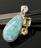 Natural Larimar and Citrine Gemstone Pendant, Sterling Silver Jewelry, Larimar Pendant, Citrine Pendant, Bohemian Jewelry