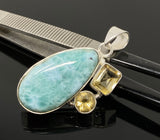 Natural Larimar and Citrine Gemstone Pendant, Sterling Silver Jewelry, Larimar Pendant, Citrine Pendant, Bohemian Jewelry