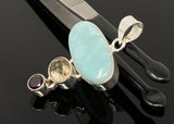 Natural Larimar with Garnet and Yellow Rutile Gemstone Pendant, Sterling Silver Jewelry, Larimar Pendant, Bohemian Jewelry