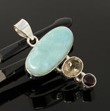 Natural Larimar with Garnet and Yellow Rutile Gemstone Pendant, Sterling Silver Jewelry, Larimar Pendant, Bohemian Jewelry