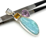 Natural Larimar with Amethyst and Citrine Gemstone Pendant, Sterling Silver Jewelry, Larimar Pendant, Amethyst Pendant, Bohemian Jewelry