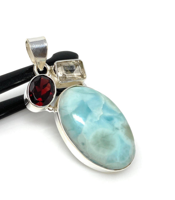 Natural Larimar with Garnet and Golden Rutile Gemstone Pendant, Sterling Silver Jewelry, Larimar Pendant, Bohemian Jewelry