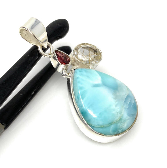 Natural Larimar with Garnet and Yellow Rutile Gemstone Pendant, Sterling Silver Jewelry, Larimar Pendant, Bohemian Jewelry