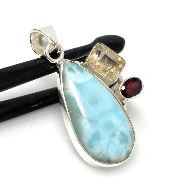 Natural Larimar with Garnet and Golden Rutile Gemstone Pendant, Sterling Silver Jewelry, Larimar Pendant, Bohemian Jewelry