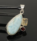 Natural Larimar with Garnet and Golden Rutile Gemstone Pendant, Sterling Silver Jewelry, Larimar Pendant, Bohemian Jewelry
