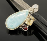 Natural Larimar with Garnet and Golden Rutile Gemstone Pendant, Sterling Silver Jewelry, Larimar Pendant, Bohemian Jewelry