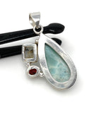 Natural Larimar with Garnet and Golden Rutile Gemstone Pendant, Sterling Silver Jewelry, Larimar Pendant, Bohemian Jewelry