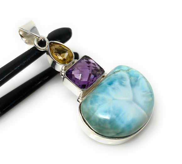 Natural Larimar with Amethyst and Citrine Gemstone Pendant, Sterling Silver Jewelry, Larimar Pendant, Amethyst Pendant, Bohemian Jewelry