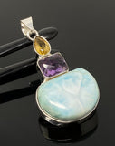 Natural Larimar with Amethyst and Citrine Gemstone Pendant, Sterling Silver Jewelry, Larimar Pendant, Amethyst Pendant, Bohemian Jewelry