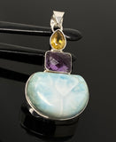 Natural Larimar with Amethyst and Citrine Gemstone Pendant, Sterling Silver Jewelry, Larimar Pendant, Amethyst Pendant, Bohemian Jewelry