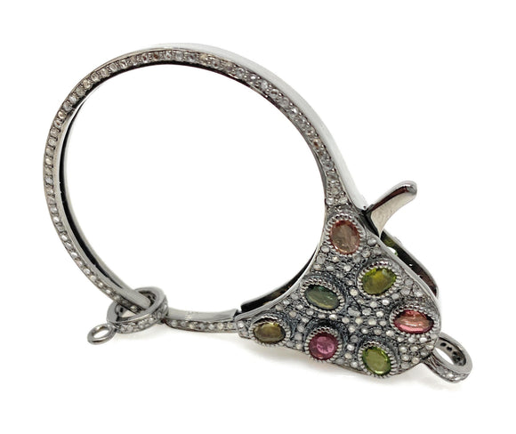 Pave Diamond Clasp with Tourmaline, Sterling Silver Lobster Clasp with Diamond Bail, Tourmaline Gemstone Clasp, Large Size 52.70mm x 34mm