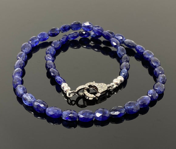 Genuine Blue Sapphire Necklace with Pave Diamond Clasp, Natural Blue Sapphire Necklace, Gemstone Beaded Jewelry AAA Grade, Gifts for Her