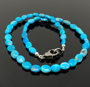17" Genuine Arizona Turquoise Necklace with Pave Diamond Clasp, Spiritual Healing Chakra Necklace, Crystal Jewelry, December Birthstone Gift