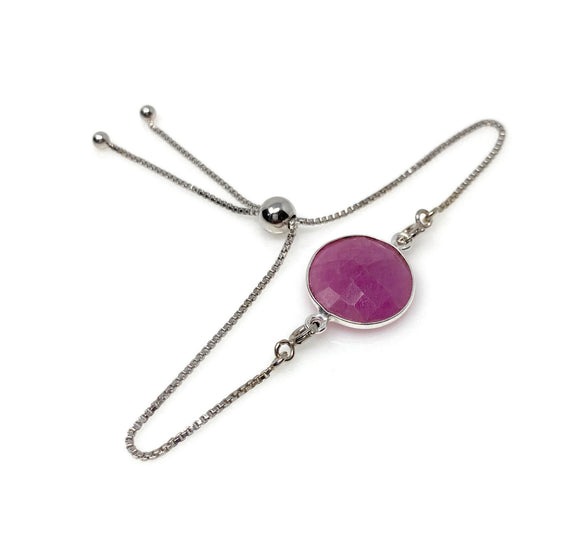 Pink Sapphire Gemstone Bracelet, Sterling Silver Adjustable Bolo Bracelet, Layering Bracelet, Gifts for Her