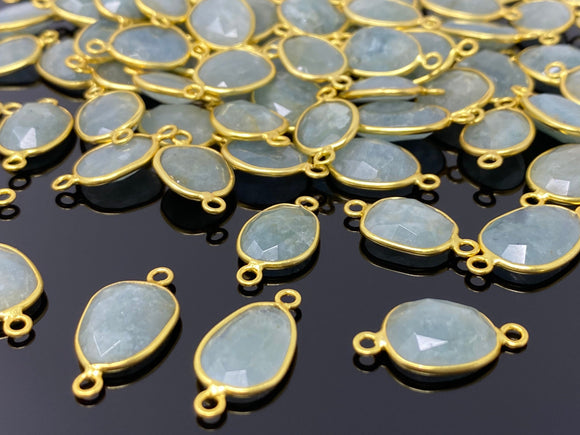 5Pcs/10Pcs Natural Aquamarine Gemstone Connectors, 14K Gold Plated over Sterling Silver, 18x10mm-22x14mm