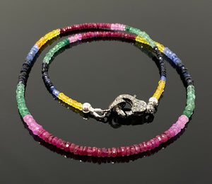 17.85" Genuine Ruby Emerald and Sapphire Necklace with Pave Diamond Clasp, Natural Multi Precious Bead Necklace