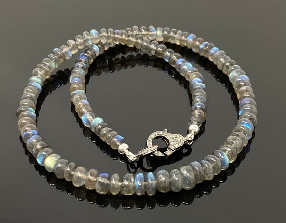 17.5” Natural Labradorite Necklace with Pave Diamond Clasp, Multi Fire Labradorite Necklace, 7mm - 7.5mm, Gifts for Her