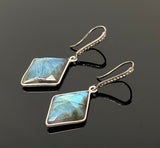 Natural Labradorite Earrings, Pave Diamond Earrings, Sterling Silver Gemstone Earrings, Gifts for Her