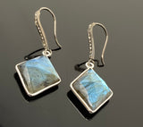 Natural Labradorite Earrings, Pave Diamond Earrings, Sterling Silver Gemstone Earrings, Gifts for Her