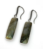 Natural Labradorite Bar Earrings, Pave Diamond Earrings, Sterling Silver Gemstone Earrings, Gifts for Her
