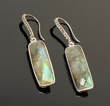 Natural Labradorite Bar Earrings, Pave Diamond Earrings, Sterling Silver Gemstone Earrings, Gifts for Her