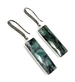 Genuine Emerald Bar Earrings, Pave Diamond Earrings, Sterling Silver Gemstone Bar Earrings, Gifts for Her