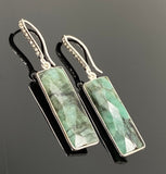 Genuine Emerald Bar Earrings, Pave Diamond Earrings, Sterling Silver Gemstone Bar Earrings, Gifts for Her
