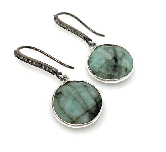 Genuine Emerald Earrings, Pave Diamond Earrings, Sterling Silver Gemstone Earrings, Gifts for Her