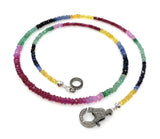 17.85" Genuine Ruby Emerald and Sapphire Necklace with Pave Diamond Clasp, Natural Multi Precious Bead Necklace