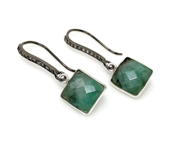 Genuine Emerald Earrings, Pave Diamond Earrings, Sterling Silver Gemstone Earrings, Gifts for Her