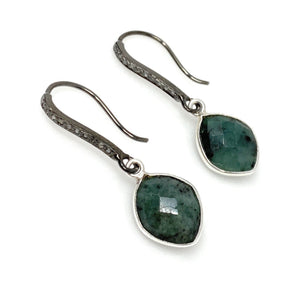 Genuine Emerald Earrings, Pave Diamond Earrings, Sterling Silver Gemstone Earrings, Gifts for Her