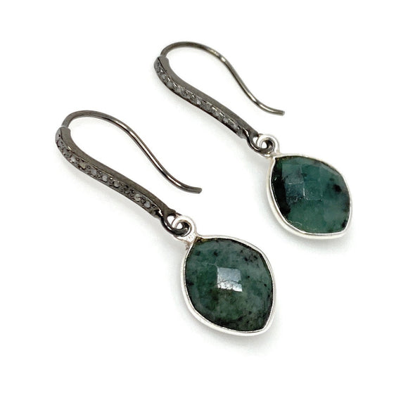Genuine Emerald Earrings, Pave Diamond Earrings, Sterling Silver Gemstone Earrings, Gifts for Her