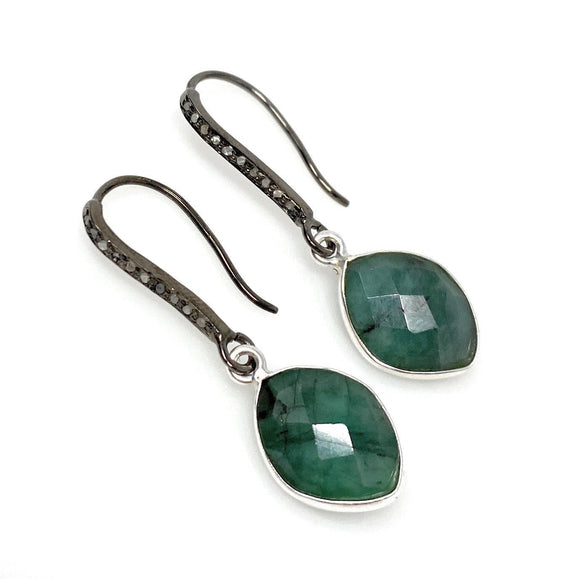 Genuine Emerald Earrings, Pave Diamond Earrings, Sterling Silver Gemstone Earrings, Gifts for Her