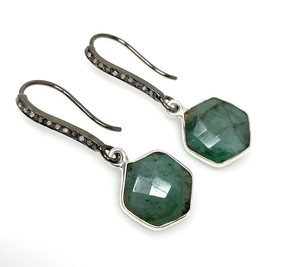 Genuine Emerald Earrings, Pave Diamond Earrings, Sterling Silver Gemstone Earrings, Gifts for Her