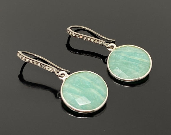 Peruvian Amazonite Earrings, Pave Diamond Earrings, Sterling Silver Gemstone Earrings, Gifts for Her