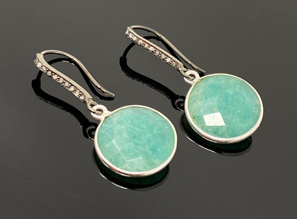 Peruvian Amazonite Earrings, Pave Diamond Earrings, Sterling Silver Gemstone Earrings, Gifts for Her