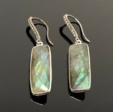 Natural Labradorite Bar Earrings, Pave Diamond Earrings, Sterling Silver Gemstone Earrings, Gifts for Her