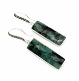 Genuine Emerald Bar Earrings, Pave Diamond Earrings, Sterling Silver Gemstone Bar Earrings, Gifts for Her