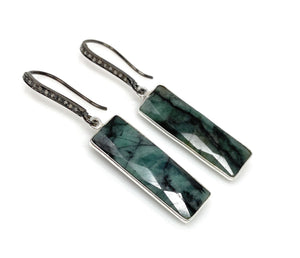 Genuine Emerald Bar Earrings, Pave Diamond Earrings, Sterling Silver Gemstone Bar Earrings, Gifts for Her