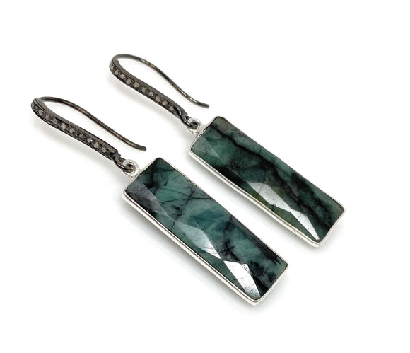 Genuine Emerald Bar Earrings, Pave Diamond Earrings, Sterling Silver Gemstone Bar Earrings, Gifts for Her