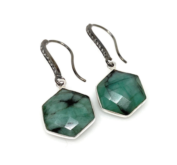Genuine Emerald Earrings, Pave Diamond Earrings, Sterling Silver Gemstone Earrings, Gifts for Her