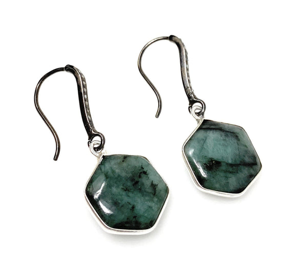 Genuine Emerald Earrings, Pave Diamond Earrings, Sterling Silver Gemstone Earrings, Gifts for Her