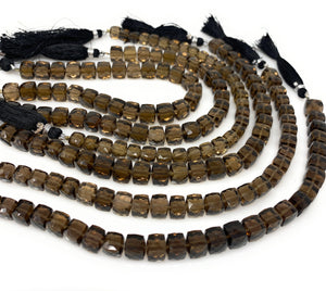 8" Natural Smoky Quartz Gemstone Beads, 3 D Cube Box Beads, Jewelry Supplies, Wholesale Bulk Beads, 8mm - 9mm