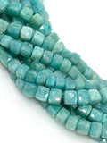 Peruvian Blue Amazonite Gemstone Beads, 3D Cube Box Beads, Jewelry Supplies, Wholesale Bulk Beads, 6-8mm, 8" Strand