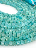 Peruvian Blue Amazonite Gemstone Beads, 3D Cube Box Beads, Jewelry Supplies, Wholesale Bulk Beads, 6-8mm, 8" Strand