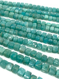 Peruvian Blue Amazonite Gemstone Beads, 3D Cube Box Beads, Jewelry Supplies, Wholesale Bulk Beads, 6-8mm, 8" Strand