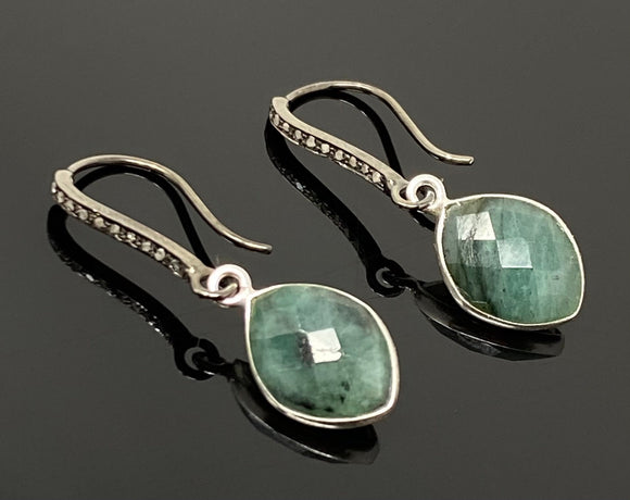 Genuine Emerald Earrings, Pave Diamond Earrings, Sterling Silver Gemstone Earrings, Gifts for Her
